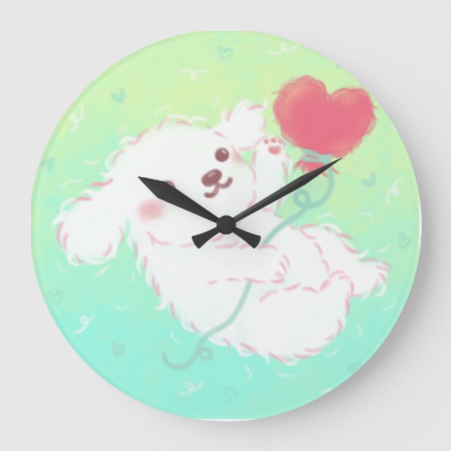 Cute Puppy with Heart Balloon Large Clock (Front)