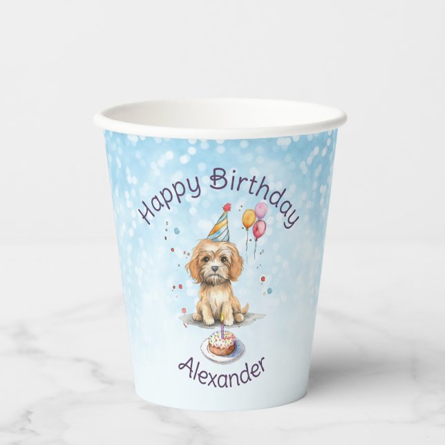 Cute Puppy with Party Hat Birthday Paper Cups (Front)
