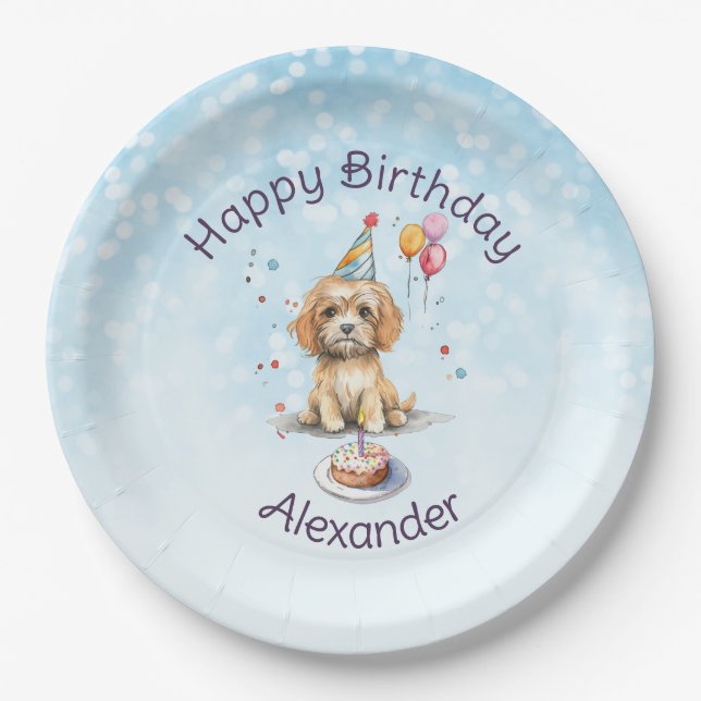 Cute Puppy with Party Hat Birthday Paper Plate (Front)