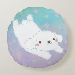 Cute Puppy with Pastel Flowers Round Cushion
