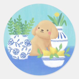 Cute Puppy with Plants, Lemons & Flower  Classic Round Sticker