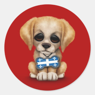 Cute Puppy with Quebec Flag Dog Tag, red Classic Round Sticker