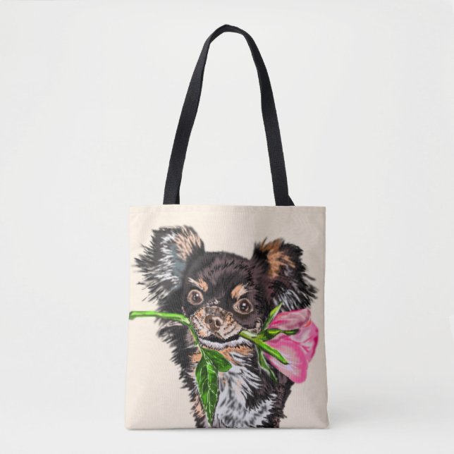 Cute Puppy with Rose - Romantic - Drawing Tote Bag (Front)