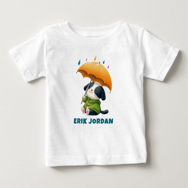 Cute Puppy with Umbrella Stares into the Sky Baby T-Shirt (Front)