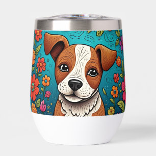 Cute Puppy with Whimsical Folk Art Flowers