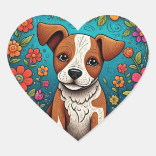 Cute Puppy with Whimsical Folk Art Flowers Heart Sticker
