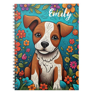 Cute Puppy with Whimsical Folk Art Flowers Notebook