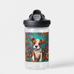 Cute Puppy with Whimsical Folk Art Flowers Water Bottle