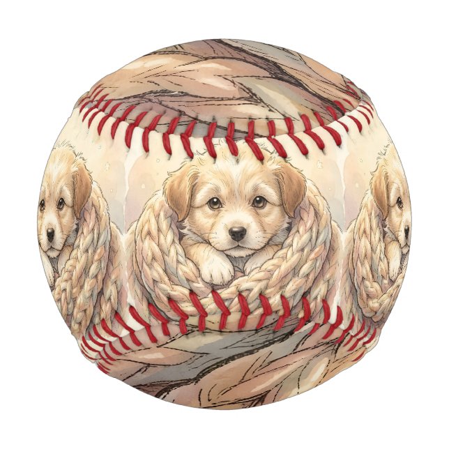 Cute puppy wrapped by knitted blanket baseball (Front)