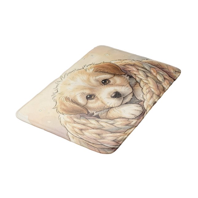 Cute puppy wrapped by knitted blanket bath mat (Angled)