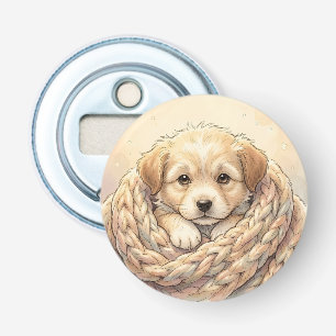 Cute puppy wrapped by knitted blanket bottle opener