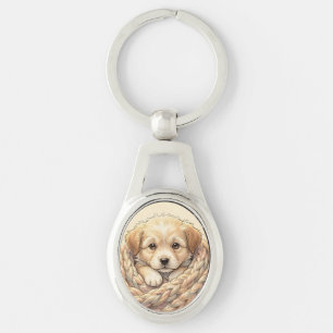 Cute puppy wrapped by knitted blanket key ring