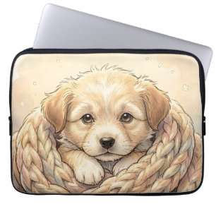 Cute puppy wrapped by knitted blanket laptop sleeve