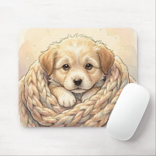 Cute puppy wrapped by knitted blanket mouse pad