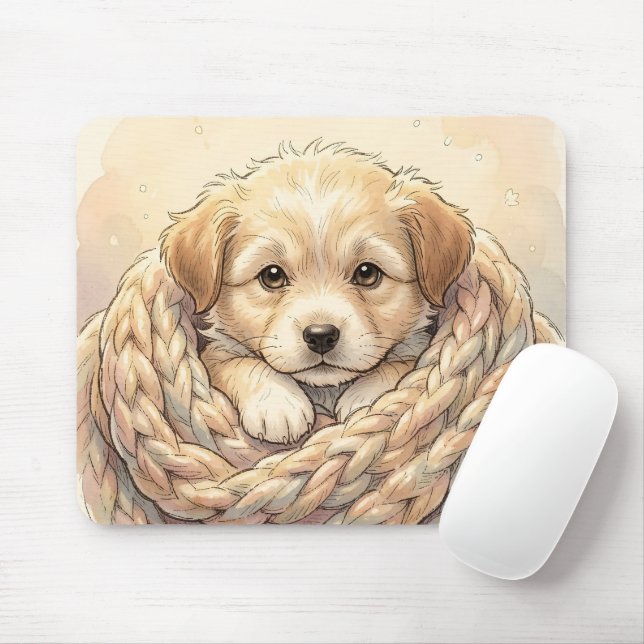 Cute puppy wrapped by knitted blanket mouse pad (With Mouse)