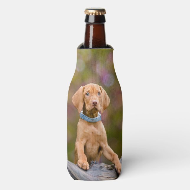 Cute puppyeyed Hungarian Vizsla Dog Puppy Photo // Bottle Cooler (Bottle Front)