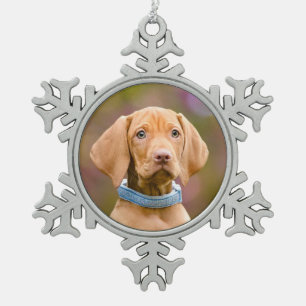 Cute puppyeyed Hungarian Vizsla Dog Puppy Photo * Snowflake Pewter Christmas Ornament