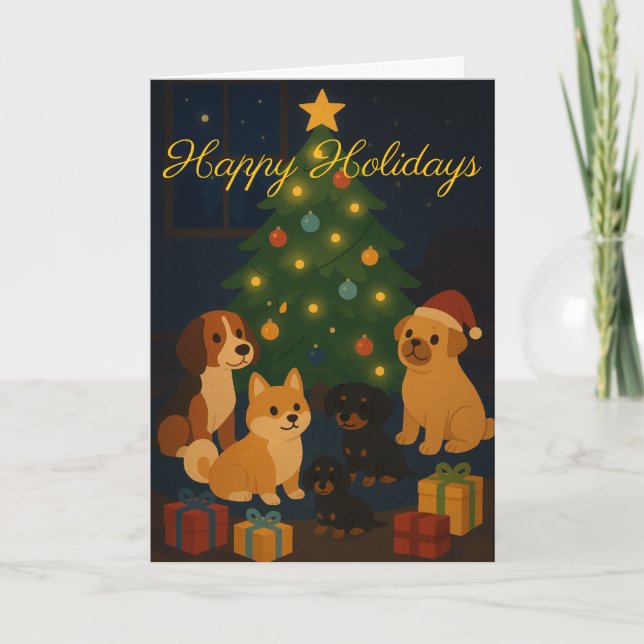 Cute Pups around the Tree Custom Christmas Card (Front)