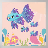 Cute purple and blue fish in ocean scene,