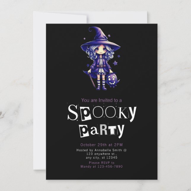 Cute Purple and Blue Haired Witch Halloween Invitation (Front)