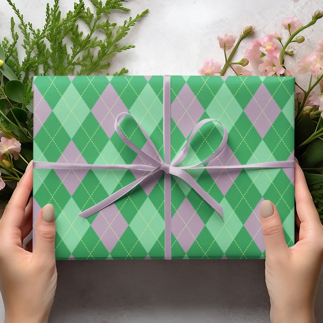 Cute Purple and Green Argyle Pattern Kids Wrapping Paper (Cute Purple and Green Argyle Pattern for St. Patrick's Day Party and Kids Birthday. Diamond Pattern.)