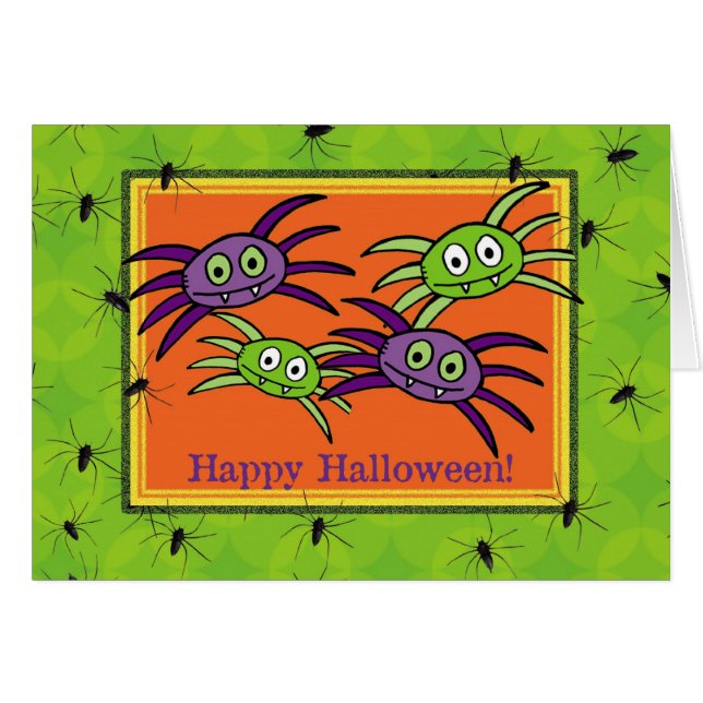 Cute Purple and Green Spiders Halloween Card (Front Horizontal)