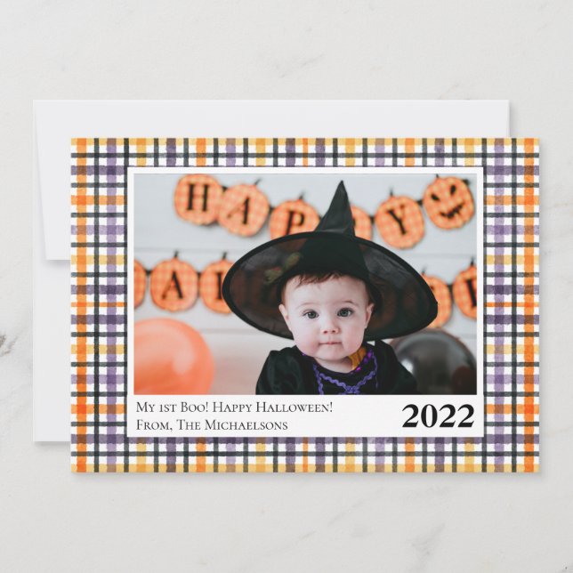Cute Purple and Orange Plaid Halloween Photo Card (Front)