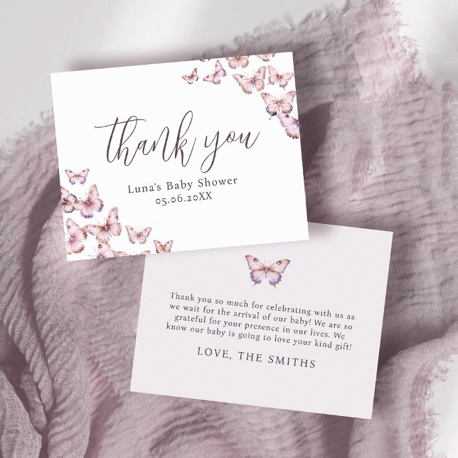 Cute Purple and Pink Butterfly Baby Shower Flat Thank You Card (Creator Uploaded)