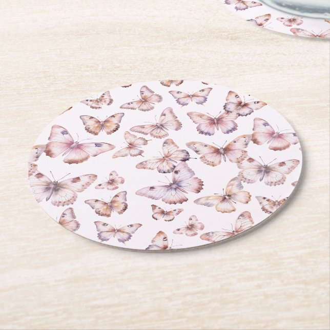 Cute Purple and Pink Butterfly Pattern Baby Shower Round Paper Coaster (Angled)