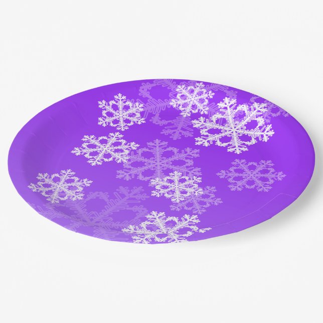 Cute purple and white Christmas snowflakes Paper Plate (Angled)