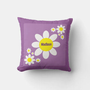 Cute Purple and White Daisies Floral Custom Name Cushion