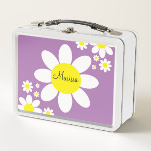 Cute Purple and White Daisies Floral Custom Name Metal Lunch Box