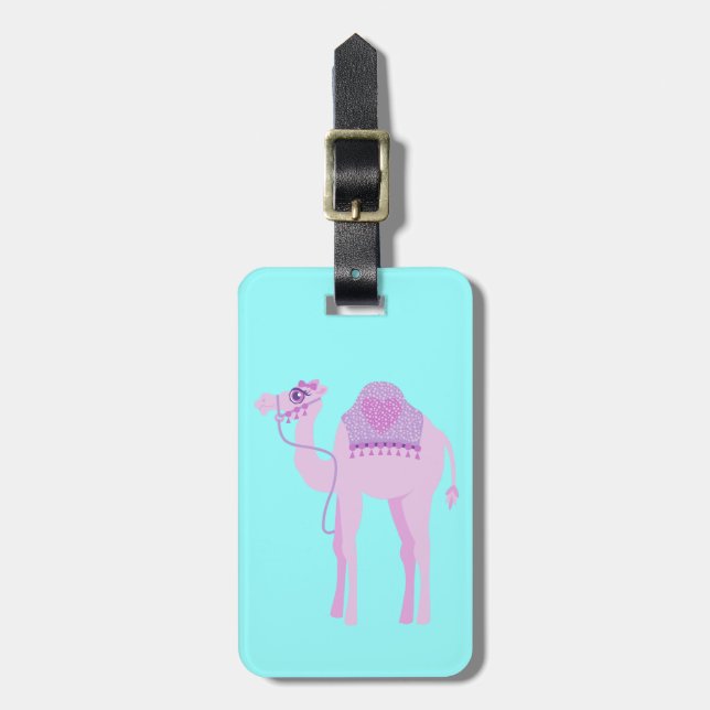 Cute purple aqua whimsy camel custom luggage tag (Front Vertical)