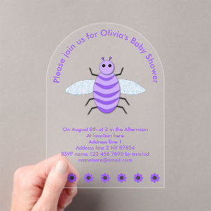 Cute Purple Baby Bee Gender Neutral Custom Acrylic Invitations