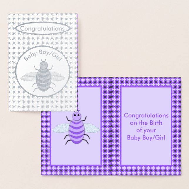Cute Purple Baby Bee Neutral Congratulations Foil Card (Display)