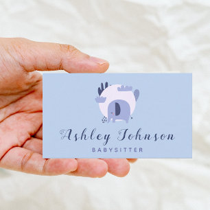 Cute Purple Baby Elephant Babysitting Theme Blue Business Card