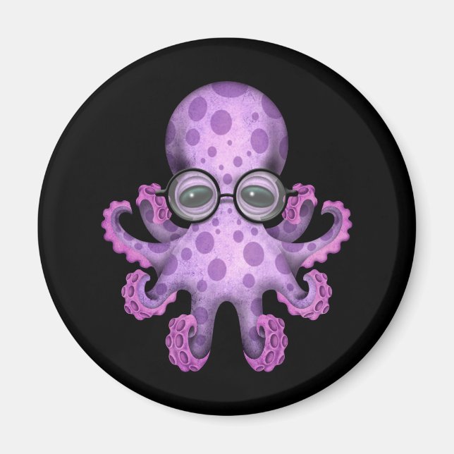 Cute Purple Baby Octopus Wearing Glasses on Black Magnet (Front)