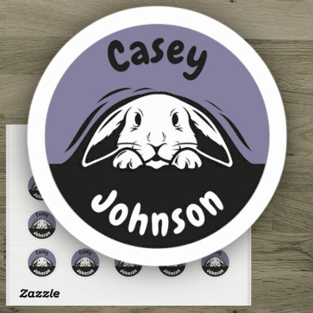  Cute Purple Back to School Peeking Bunny Name Classic Round Sticker (Creator Uploaded)