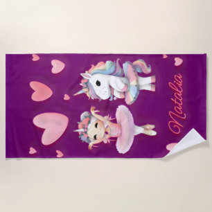 Cute Purple Ballerina Unicorn  Beach Towel