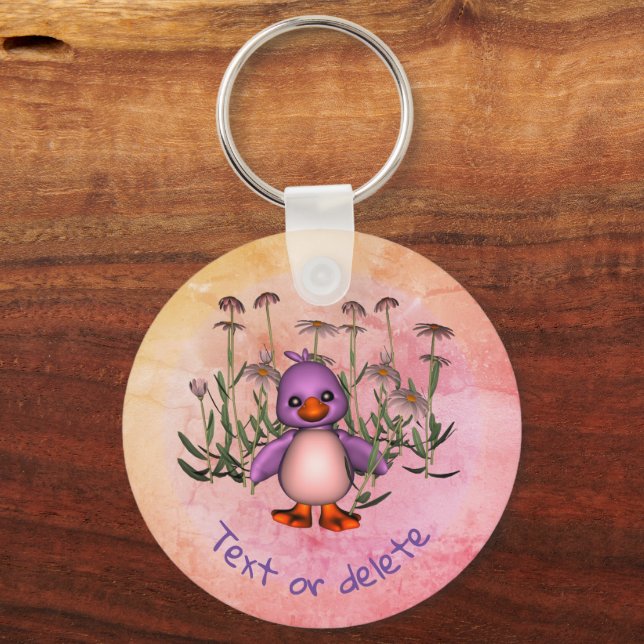 Cute Purple Bird And Daisy Flowers Personalised Key Ring (Front)