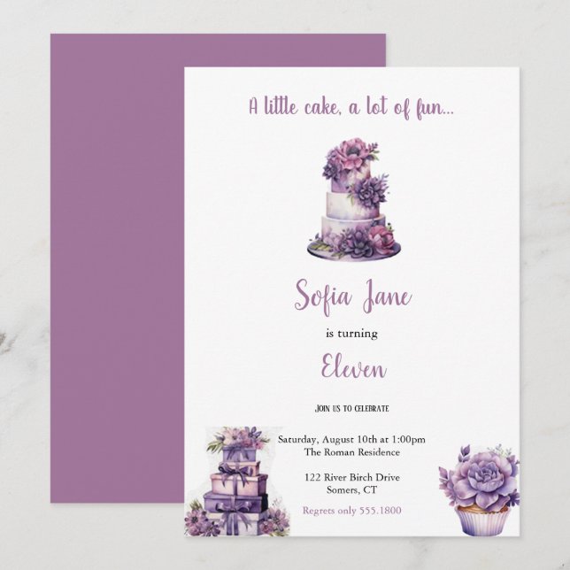 cute purple birthday cake invitations (Front/Back)