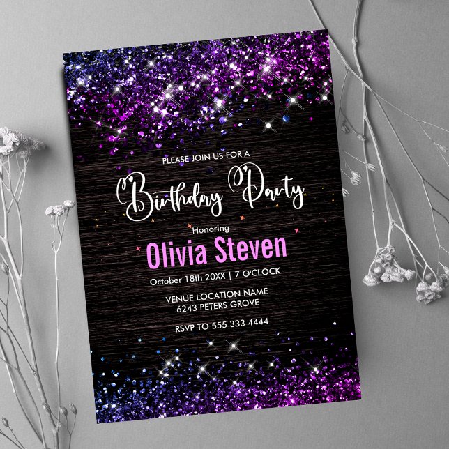 Cute purple black faux glitter monogram invitation (Creator Uploaded)