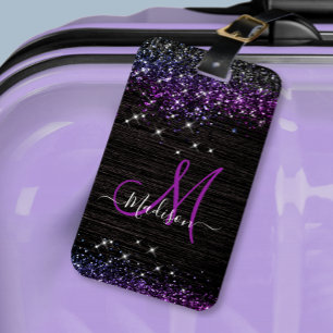 Cute purple black faux glitter monogram luggage tag