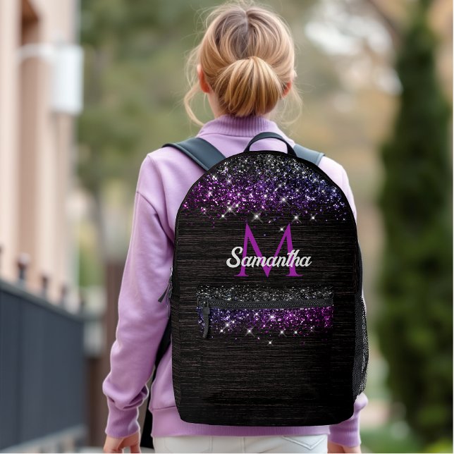 Cute purple black faux glitter monogram printed backpack (Creator Uploaded)