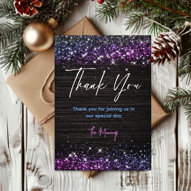 Cute purple black faux glitter thank you  card (Creator Uploaded)