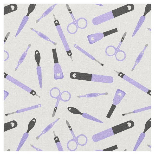 Cute Purple Black Manicurist Tools Pattern Fabric (Close Up)