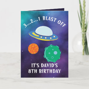 Cute Purple Blue Flying Saucer Galaxy 8th Birthday Card