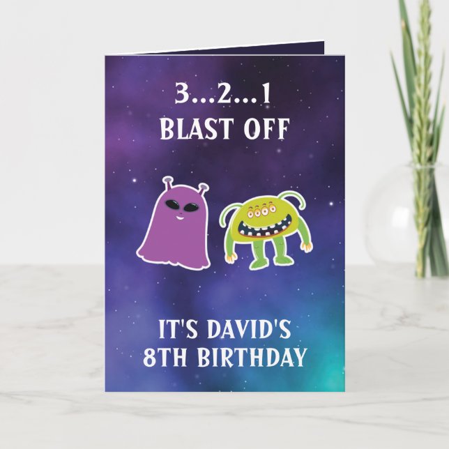 Cute Purple Blue Space Monsters 8th Birthday Card (Front)