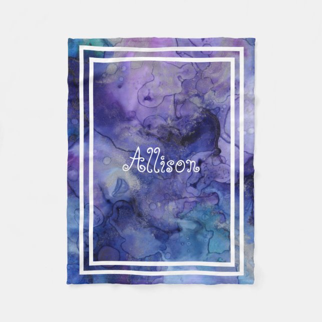 Cute Purple Blue Watercolor Personalised Girls Fleece Blanket (Front)