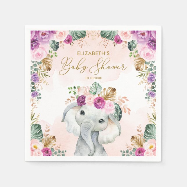 Cute Purple Blush Tropical Elephant Baby Shower Napkin (Front)